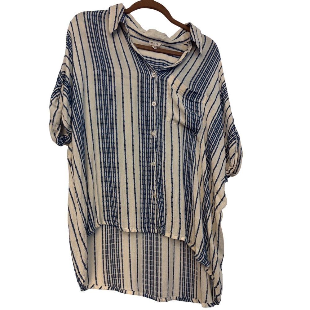 En Creme Womens Blue White Striped Reina Button Down‎ Shirt High Low Hem L
